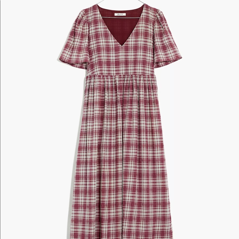 Madewell Plaid Midi Dress in Burgundy and Cream - Picture 3 of 5